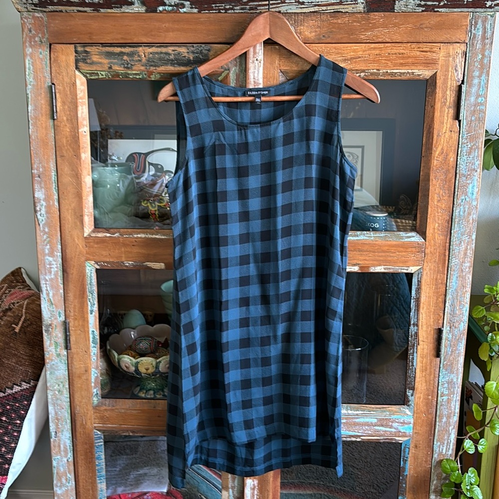 EILEEN FISHER Shirt Womens Small Black Blue Buffalo Check Silk Tunic Top Tank